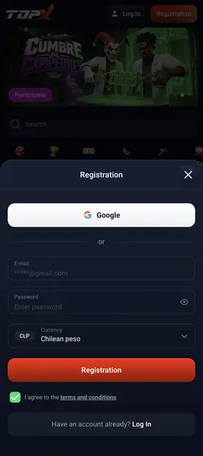 TopX: registro con correo o Google y saldo en pesos